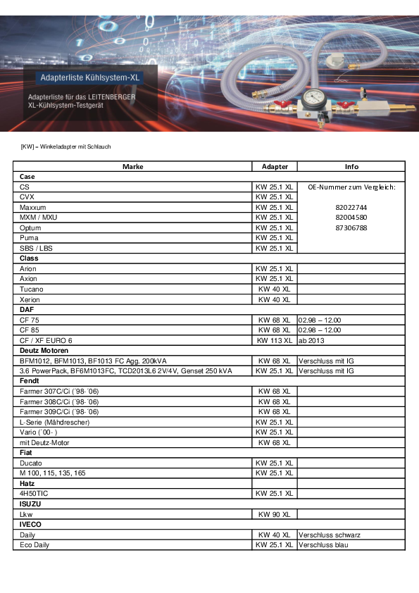 Liste des adaptateurs pour testeurs de système de refroidissement XL